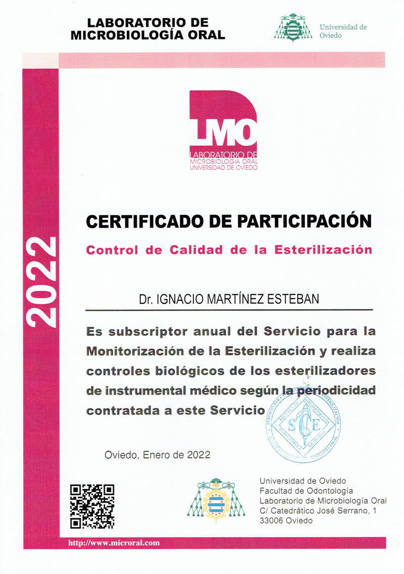 certificado de participación en el control de la esterilización correspondiente a este ejercicio 2022
